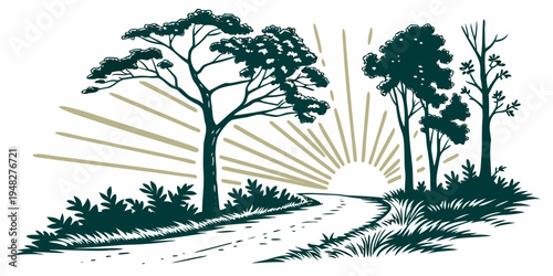 a serene landscape with trees and sunrise Vector