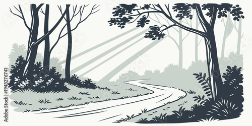 a dirt road through a forest with trees and sunbeams Vector