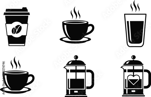 Coffee cup and french press icon set, hot beverage takeaway cup collection, cafe drink symbols, minimal flat vector illustration
