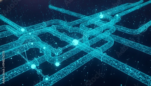 Futuristic abstract background featuring glowing blue pipes with data particles and ring nodes, illustrating AI network connectivity.