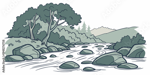 a serene landscape with a river and trees Vector