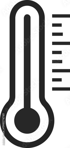 A minimalist black and white illustration depicts a classic mercury thermometer indicating temperature measurement and heat high quality professional detailed