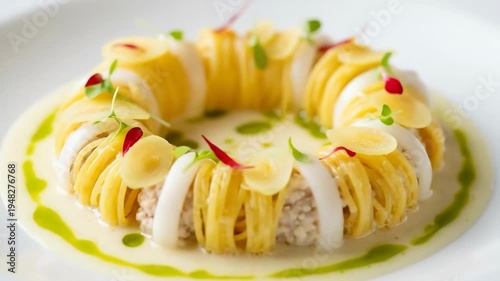 A beautifully arranged dish of food is presented in a circular pattern on a plate for a showcasing culinary art