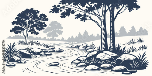 a serene landscape with trees and rocks by a stream Vector