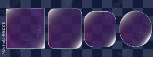 Liquid glass UI shapes set with glossy transparent square, rounded rectangle and circle elements