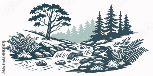 a scenic landscape with trees and rocks Vector