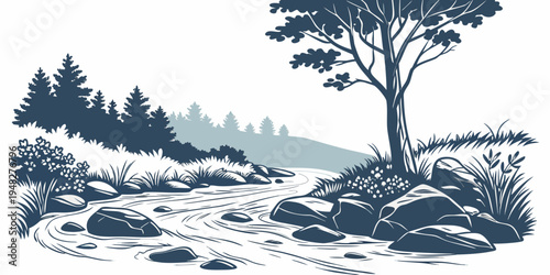 a blue and white illustration of a tree on a rocky hillside Vector