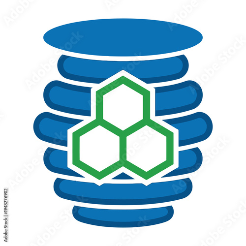 Blue and green honeycomb symbol on a stack of disks representing industry and technology