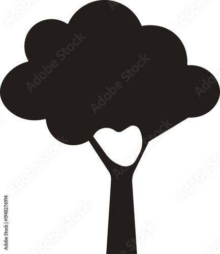A minimalist black silhouette of a tree with a heart shaped void in its trunk symbolizing love and nature