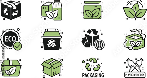 Eco friendly packaging and recycling icon set with plastic reduction sustainable product packaging illustration