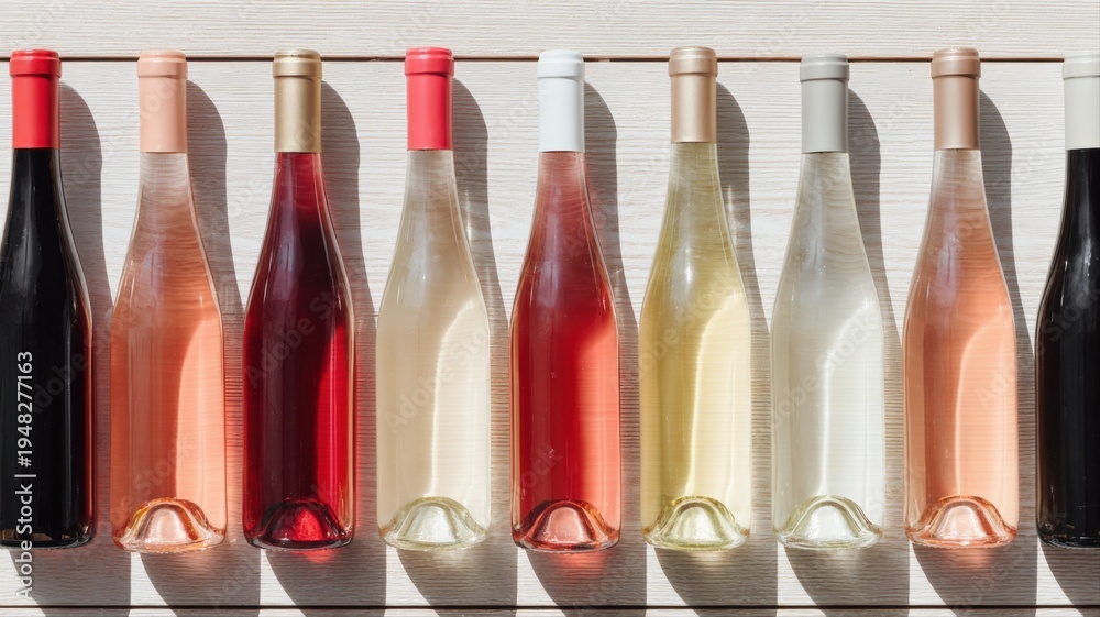 Obraz premium Elegant Assortment of Rosé, White, and Red Wine Bottles in a Row for Tasting and Product Photography