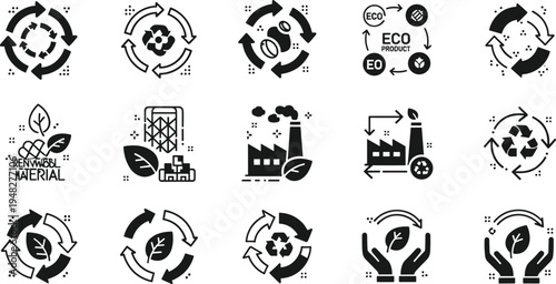 Circular economy and sustainable production icon set with recycling process eco industry illustration