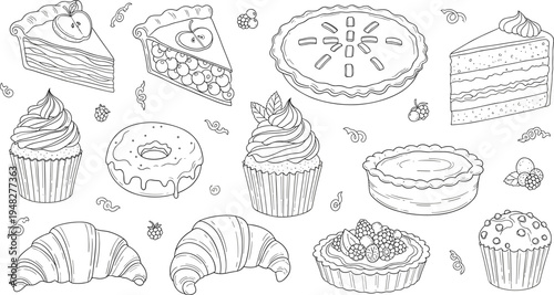 Bakery desserts line art illustration set with cupcake donut croissant pie tart cake pastry collection