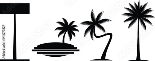 Palm tree silhouette set with tropical island signboard, beach nature landscape icons collection for summer travel design, flat vector illustration