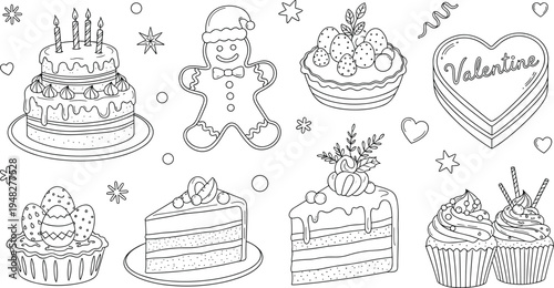 Hand drawn dessert and Valentine sweets collection with birthday cake, gingerbread cookie, strawberry tart, cupcakes and heart candy outline vector illustration set