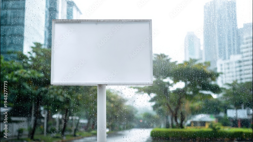Fototapeta premium Blank Billboard Mockup Under Rain in Cityscape, Ideal for Advertisement or Promotional Message