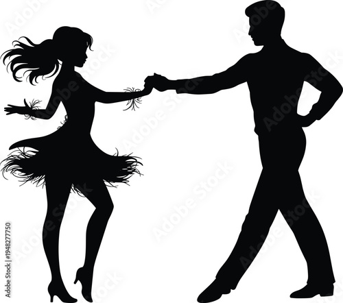 Elegant ballroom dance couple silhouette performing lively latin movement, stylish spinning pose, isolated vector illustration