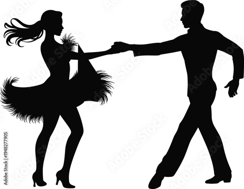 Elegant, passionate, ballroom dance couple silhouette performing energetic latin swing movement isolated romantic performance illustration
