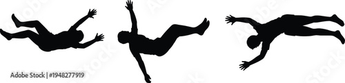 Falling man silhouette set, human body falling accident pose vector illustration isolated on white background