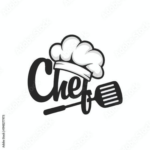 Chef hat and spatula with the word Chef in stylized lettering Keywords: chef, cooking, kitchen, hat, spatula, lettering, word