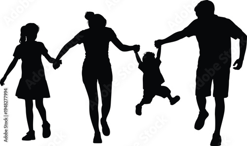 Happy family silhouette parents swinging child while walking together, joyful parenting moment isolated vector illustrationHappy family silhouette parents swinging 