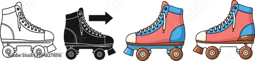 Roller skate evolution illustration, vintage to colorful quad roller skates progression concept, retro skating footwear design, flat vector illustration