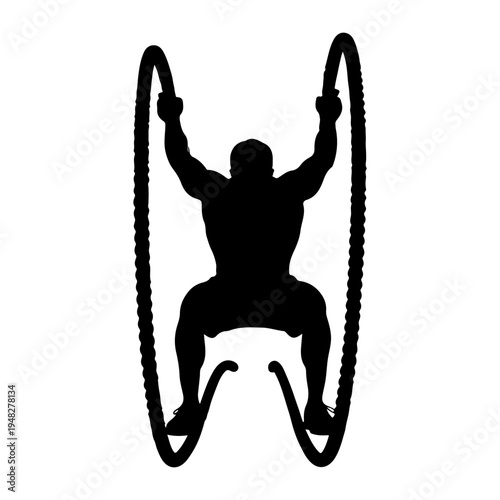 Man silhouette exercising with battle ropes, fitness workout vector illustration