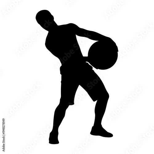 Man silhouette lifting heavy medicine ball for fitness, vector illustration