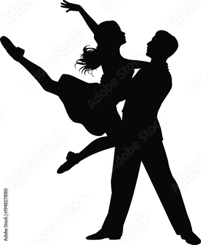 Romantic couple dancing silhouette, man lifting ballerina partner graceful love dance illustration