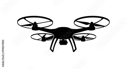 Silhouette of a drone with four propellers on a white background.
