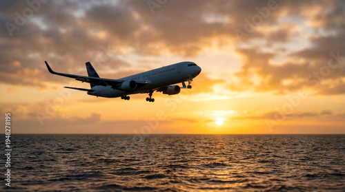 Passagierflugzeug startet in Richtung Meer in den abendlichen Himmel bei Sonnenuntergang, Generative AI