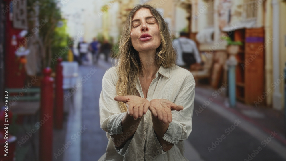 Fototapeta premium Woman covers her face with hands then opens them to blow a kiss toward camera on a lively street; playful joy.