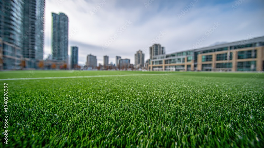 Obraz premium Urban sports field with artificial turf, set against city buildings and a vibrant sky backdrop
