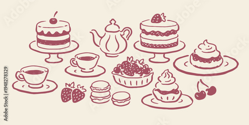 Tea and dessert collection outline sketch vector illustration