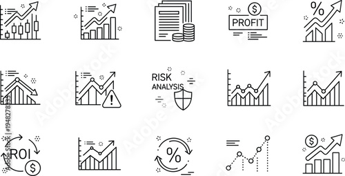 Financial growth and investment analysis line icon set with profit ROI risk analysis market trend illustration