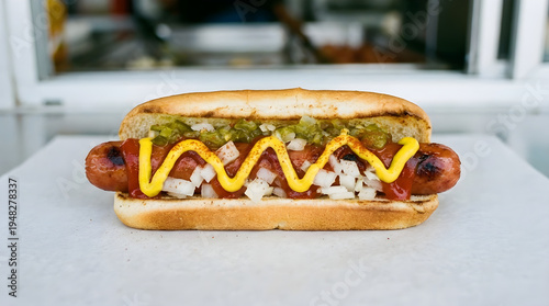 Delicious hot dog with mustard and relish on bun