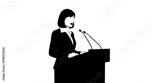 Silhouette of a Female Speaker at Podium Delivering Speech.