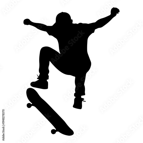 Silhouette of a skateboarder performing a trick in mid-air, flat design vector illustration