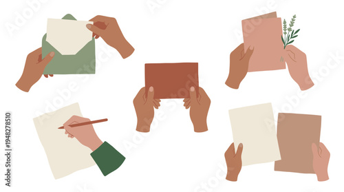 Administrative secretary hands holding blank cards, envelope and writing on paper in minimalist vector style, concept for corporate branding, wedding invitation and contact information