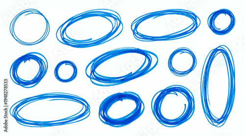 Collection of various blue hand drawn marker circles and oval scribbles isolated on white background, concept for highlighting important text, school note correction and creative design elements