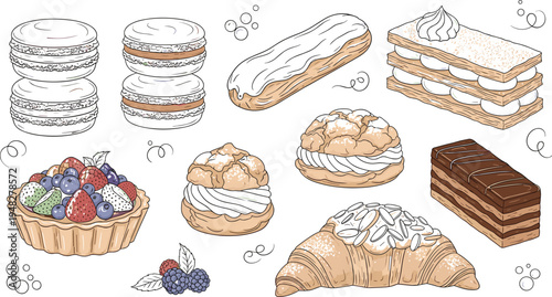 Hand drawn bakery dessert collection with macarons, eclair, mille feuille cake, croissant, berry tart and chocolate pastry colorful vector illustration set