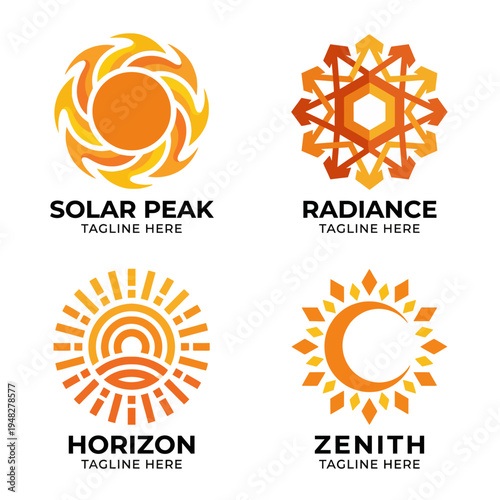 A collection of four sun-themed logos symbolizes energy and vitality, suitable for companies in renewable energy and solar power sectors, illustrating brightness and optimism.