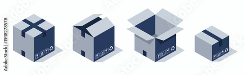 Four isometric delivery cardboard boxes in different opening stages with shipping handle icons, concept for e-commerce logistics, professional shipping services and packaging design