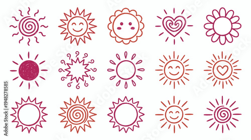 Variety of hand drawn sun icons with smiley faces hearts and spirals in red pink tones set on white background, concept for summer decor, kids graphic design and weather illustration