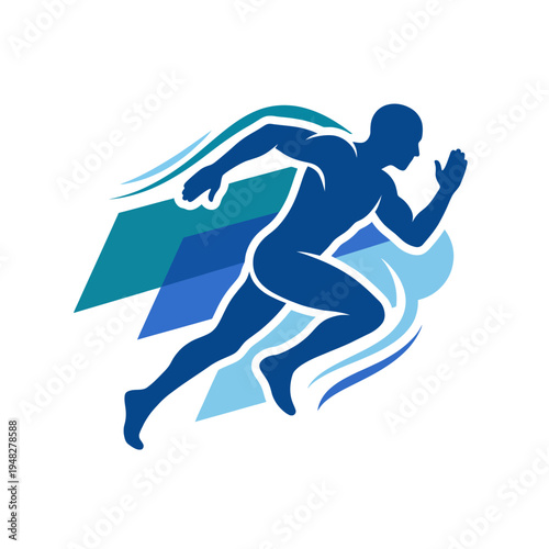 This abstract image depicts a silhouette of a runner in motion, conveying themes of speed, athleticism, and human determination against a vibrant backdrop of geometric shapes.