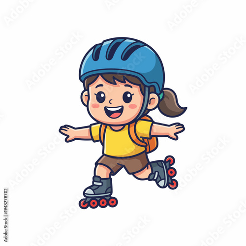 A joyful illustration of a young girl roller skating, showcasing her energy and happiness, perfect for depicting childhood fun and outdoor activities.