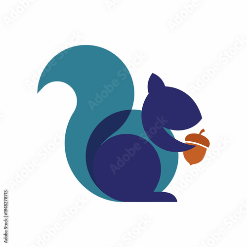 A modern design of a stylized squirrel grasping an acorn, reflecting themes of nature, playfulness, and the joy of foraging in a minimalist artistic style.