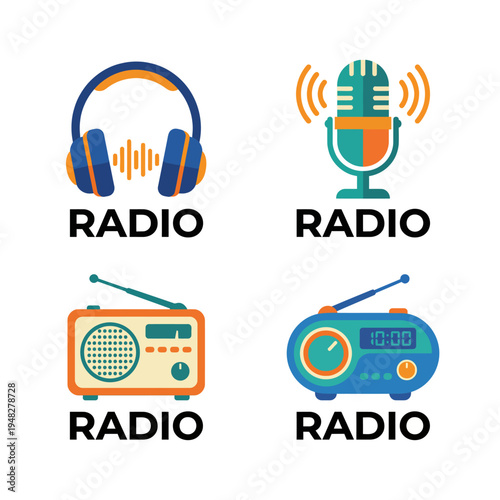 A colorful set of radio-themed icons, displaying various radio devices and elements that represent the joy of music and communication in a vibrant graphic style.