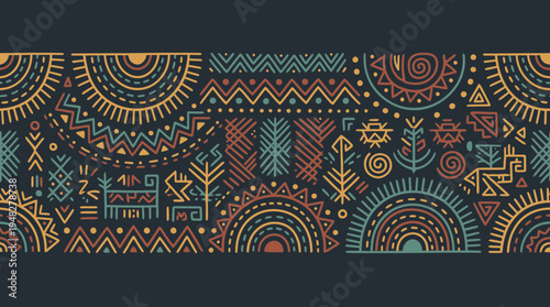 Seamless ethnic tribal pattern with geometric hand drawn ornaments and abstract symbols on dark background, concept for textile design, ethnic wall art and cultural branding