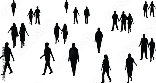 Collection of black people silhouettes walking and couples holding hands isolated on white background, diverse pedestrian figures, crowd movement concept for urban lifestyle design